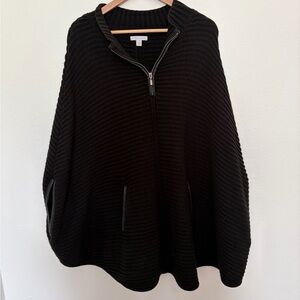 New York & Company Black Zip-Up Ribbed Poncho Sweater